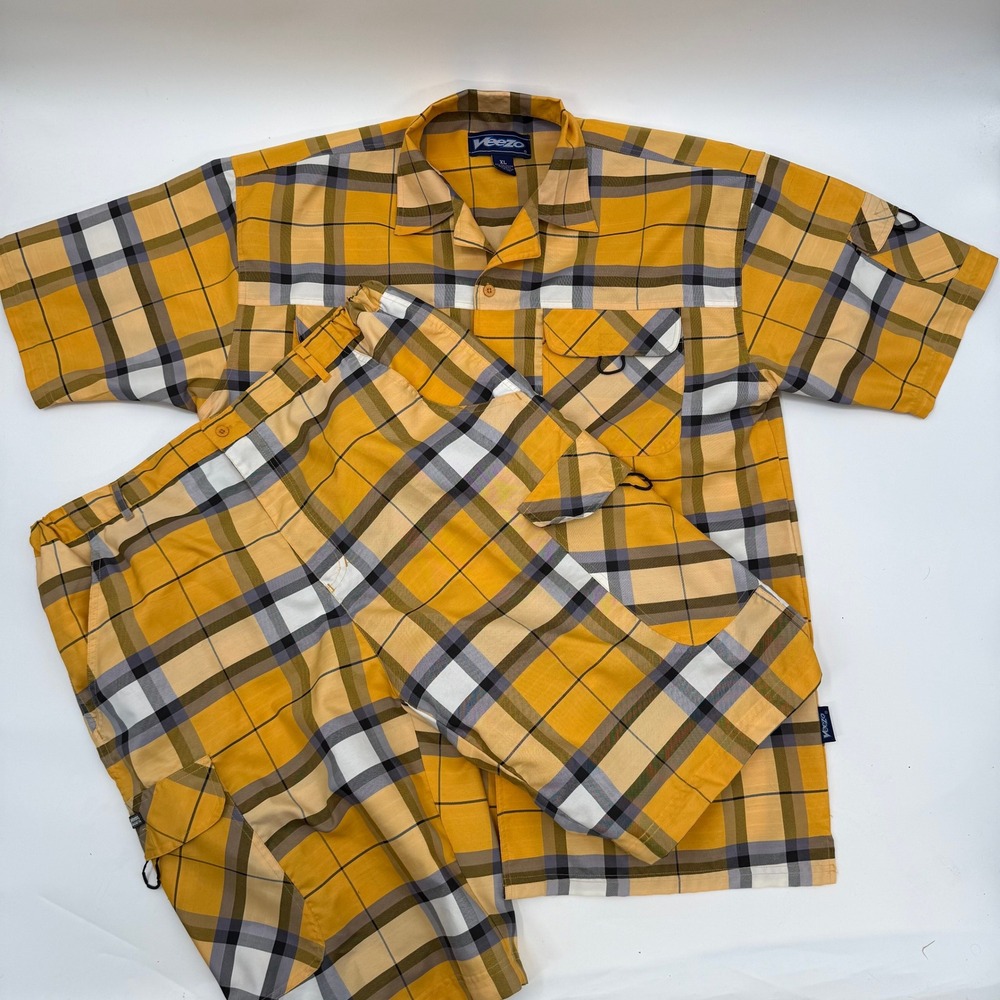 Veezo Mens XL Shirt Shorts Set Yellow Plaid Cargo Streetwear 2 Piece Outfit